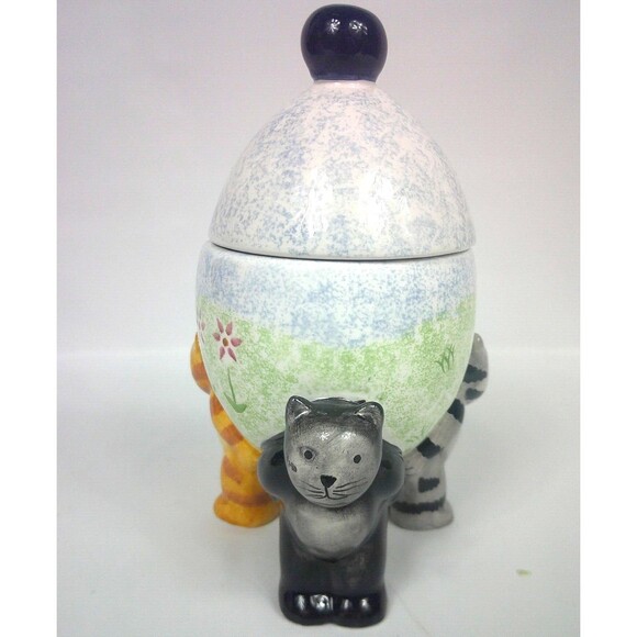 Cat Trinket Box Jar 3 Cats Holding Egg Flowers Ceramic 6.5 Inches Tall - Picture 1 of 4
